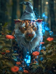 A gentle gnome with a soft, whiskered face and a warm smile, tending to a garden of enchanted flora - obrazy, fototapety, plakaty