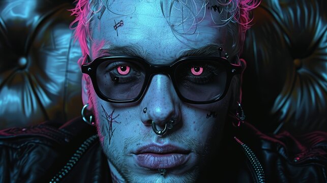   A tight shot of an individual wearing glasses, sporting pink hair, and adorned with piercings in both nostrils