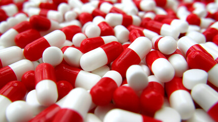 Spora ilość biało-czerwonych kapsułek medycznych