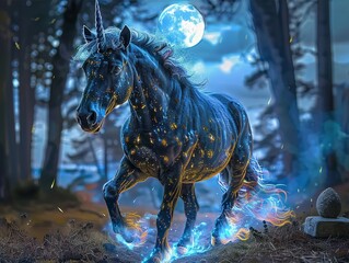 Obraz premium Draw a majestic unicorn galloping through a regal kingdom under a noble moon