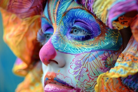 Close-Up of Young Adult Female with Vibrant Face Painting in Artistic Concept Shoot