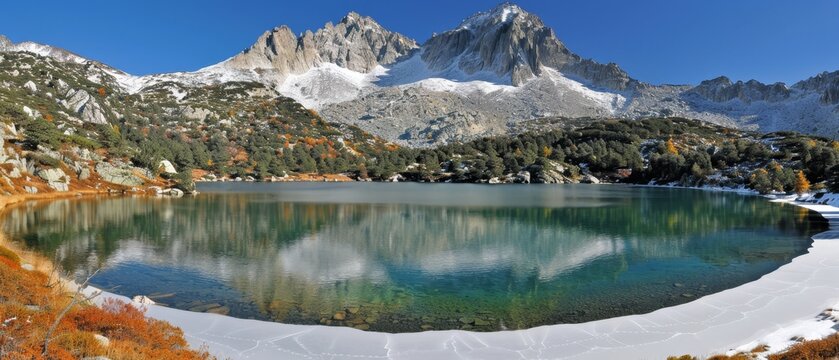   A crystal-clear lake nestled among snow-capped mountains, its mirror-like blue expanse dominating the foreground