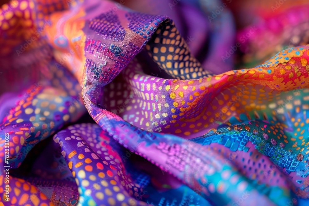 Poster vibrant ethnic silk fabric close-up displaying intricate patterns and colors