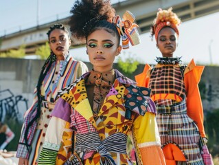 Fototapeta na wymiar Diverse Models Showcasing Bold Afrocentric Fashion Outdoors in Sunlight