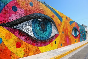 Vibrant colorful eye mural on building