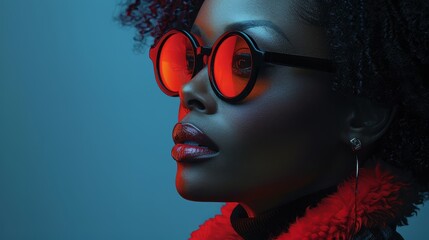   A woman dons red glasses and a red scarf; gazing off to the side