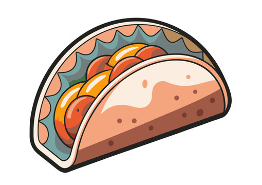 Vibrant and colorful cartoon taco illustration with traditional mexican food ingredients, hand drawn in a vector graphic, perfect for culinary, street food, and casual dining concepts