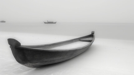 Drewniana łódka stojąca na zamglonej plaży