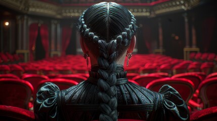 Obraz na płótnie Canvas Woman's head with braids faced red auditorium, filled with red chairs