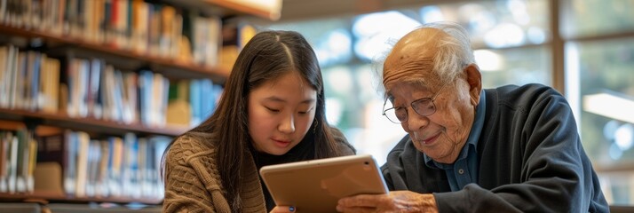 Inter-generational Bonding with Teenage Asian Girl and Senior Man Sharing a Tablet in a Library