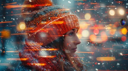   A woman in a winter hat and scarf gazes out of the window at a street illuminated by lights and covered in snow