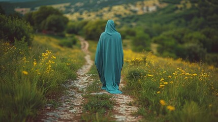   A woman in a blue shawl strolls along a dirt path through a wildflower field, with a towering mountain as her backdrop
