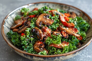 Kale salad with homemade dressing mushrooms bacon chili and balsamic vinegar