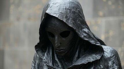   A tight shot of a hooded statue, its face concealed by a plastic covering - obrazy, fototapety, plakaty