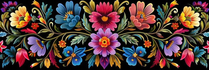Traditional mexican floral embroidery design - obrazy, fototapety, plakaty
