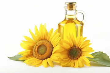 Sunflower oil bottle on table field view in background
