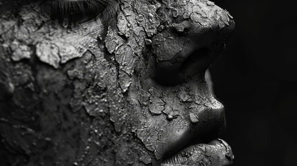   A monochrome image of a woman's face overlain with tree bark against a jet-black backdrop - obrazy, fototapety, plakaty