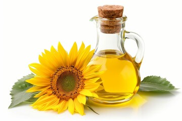Sunflower oil bottle with flower on white background