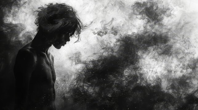   A monochrome image of a man, hair stirred by the wind, against a backdrop of smoking clouds