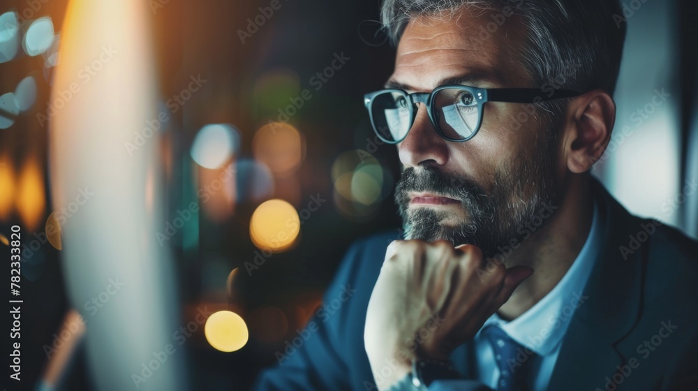 Poster man with glasses working on computer