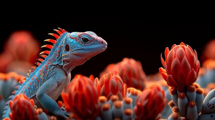   A tight shot of a lizard perched on a plant, featuring red and white blooms in the foreground against a backdrop of pure black - obrazy, fototapety, plakaty