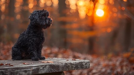   A black dog sits atop a wooden bench amidst a forest, its surroundings blanketed by falling leaves - obrazy, fototapety, plakaty
