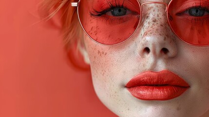   A tight shot of a woman's face, her freckles dusted with red blush, red lipstick bold on her lips, and fiery red eyeliner tracing her l - obrazy, fototapety, plakaty