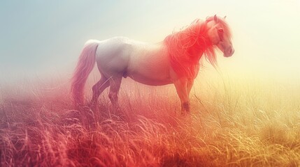   A white horse stands in a field of tall grass, its back adorned with the rainbow's vibrant hues - obrazy, fototapety, plakaty