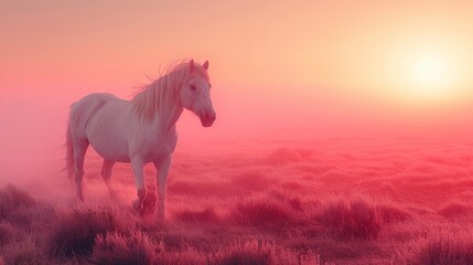   A white horse stands in a foggy field, sun setting behind distanced horizon