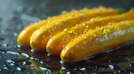   A collection of yellow pickles rests atop a damp table, dripped with water beads from their surrounding surfaces