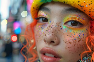 Young Asian Woman with Colorful Makeup in Urban Evening Setting