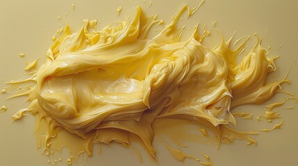   A tight shot of a yellow substance on a pristine white background, with droplets of yellow liquid emerging from its peak
