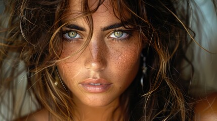   A tight shot of a woman with freckles dotting her face and hair, forming a delicate pattern atop her head