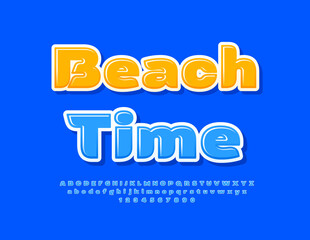 Vector touristic flyer Beach Time. Creative Blue Font. Modern Glossy Alphabet Letters and Numbers set.