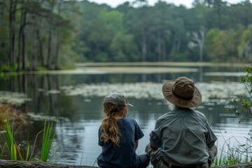 Man and little girl sitting on log by lake