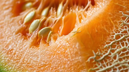 A close-up image of a cantaloupe melon. The orange flesh of the melon is juicy and delicious. The seeds are visible in the center of the melon.