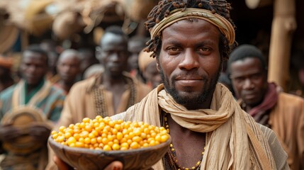   A man presents a bowl of corn to a gathered group of men, dressed in brown clothing and wearing headscarves - obrazy, fototapety, plakaty