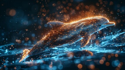 Illustration of a dolphin intertwined with a blue tech wave symbolizing harmony between nature and innovation