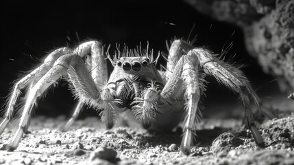   A tight shot of a spider on the ground, with its legs raised and head elevated - obrazy, fototapety, plakaty