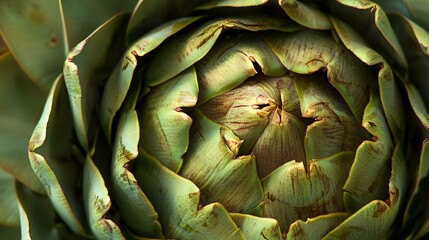 Green artichoke vegetable, also known as Cynara cardunculus, with thorny leaves and a fuzzy, edible center.