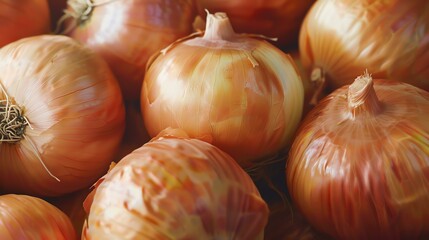 A close-up of a pile of brown onions. The onions are various shades of brown and have a variety of shapes and sizes.