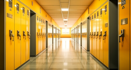 A school hallway featuring yellow lockers, with a beam of light illuminating the floor, capturing the essence of Back to School