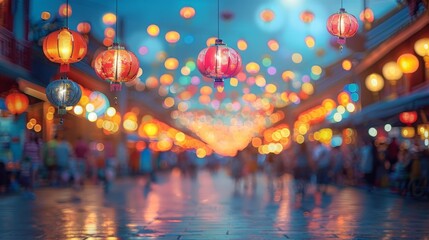  People stroll down the night street, lanterns suspended above, illuminating the way