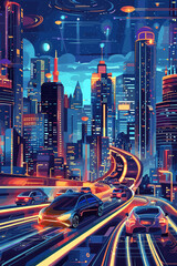 Futuristic smart city with autonomous vehicles, drones, and advanced infrastructure, showcasing the potential of emerging technologies