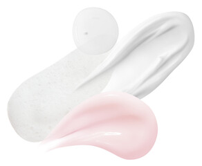 Set, composition of cosmetic strokes, white and pink, cream on a blank background.