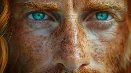   A tight shot of a red-haired man's face, dotted with freckles - obrazy, fototapety, plakaty