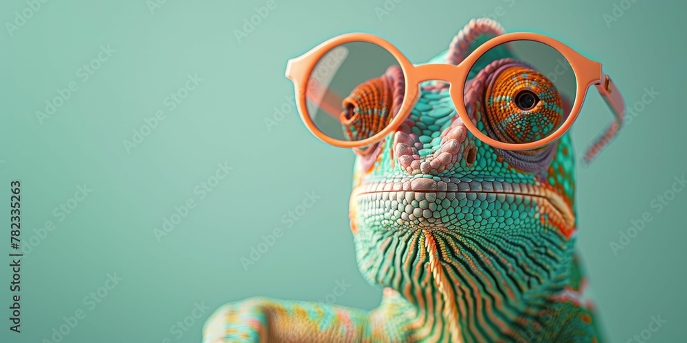 Wall mural chameleon wearing sunglasses on a solid color background - Wall murals