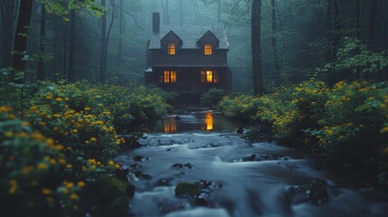   A house situated in a forest with a stream running through the foreground - obrazy, fototapety, plakaty