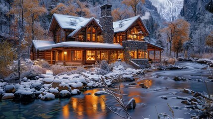   A cabin in the woods is illuminated by window lights and features a stream in front - obrazy, fototapety, plakaty