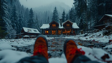   Person before snow-clad cabin Feet touch ground